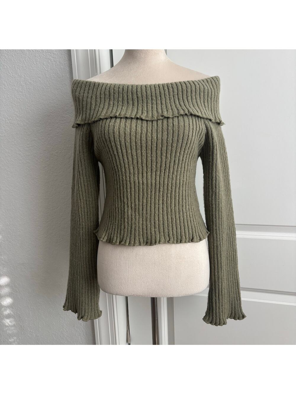 NWT By Together Off Shoulder Ribbed Knit Sweater Top m Olive Green Bell Sleeve